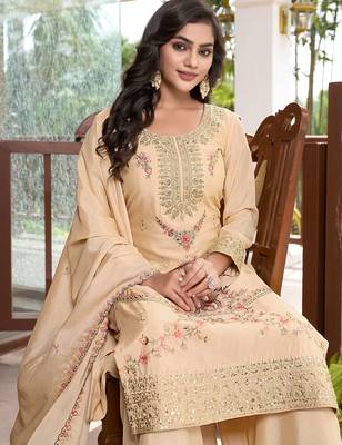  cream chinon kurta palazzo set round neck 3