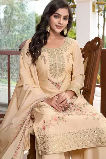  cream chinon kurta palazzo set round neck