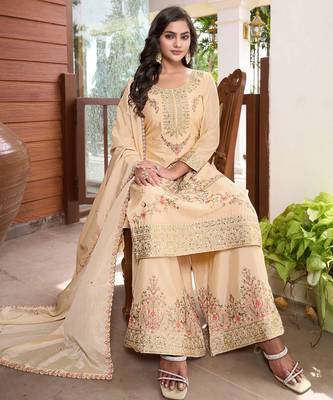  cream chinon kurta palazzo set round neck 4