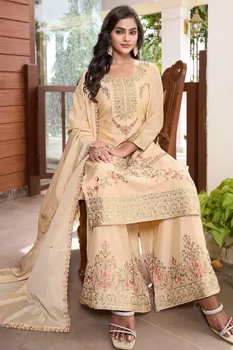  cream chinon kurta palazzo set round neck
