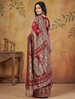 Maroon wiving work printed fancy saree with blouse 3