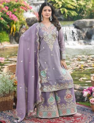  purple organza kurta palazzo set v neck 1