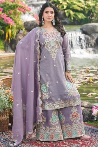  purple organza kurta palazzo set v neck