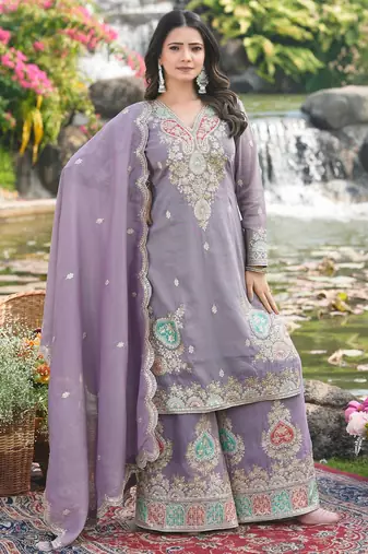  purple organza kurta palazzo set v neck