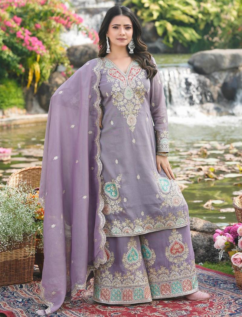  purple organza kurta palazzo set v neck