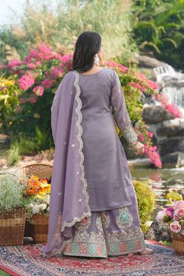  purple organza kurta palazzo set v neck 2