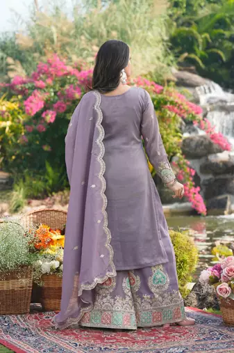  purple organza kurta palazzo set v neck