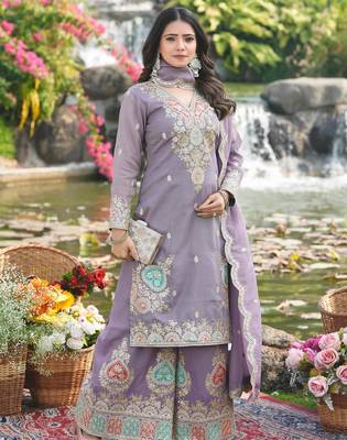  purple organza kurta palazzo set v neck 3