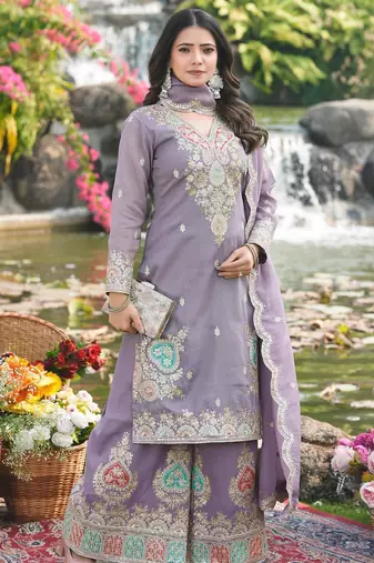 purple organza kurta palazzo set v neck