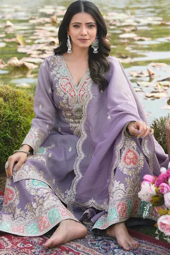  purple organza kurta palazzo set v neck