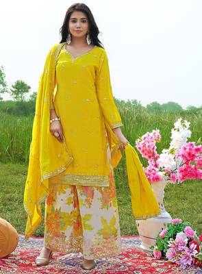  yellow chinon kurta palazzo set notch neck 1