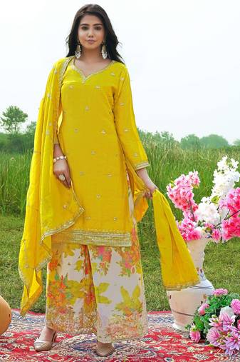  yellow chinon kurta palazzo set notch neck
