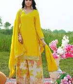  yellow chinon kurta palazzo set notch neck