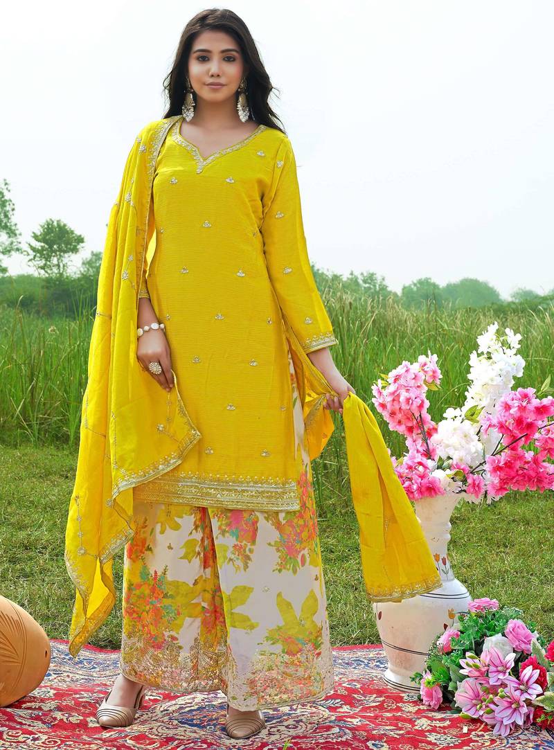  yellow chinon kurta palazzo set notch neck