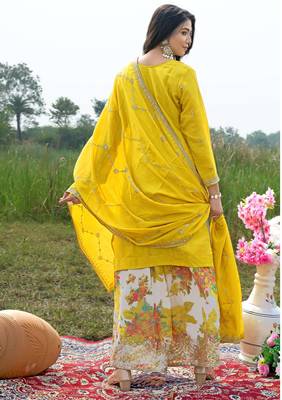  yellow chinon kurta palazzo set notch neck 2