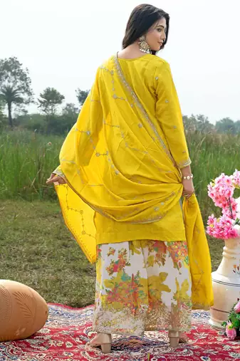  yellow chinon kurta palazzo set notch neck