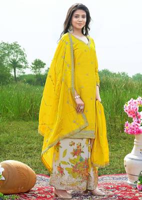  yellow chinon kurta palazzo set notch neck 3