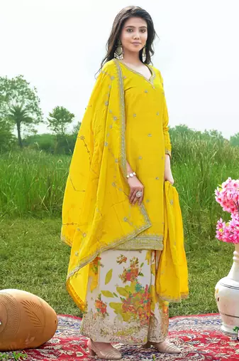  yellow chinon kurta palazzo set notch neck