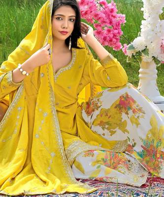  yellow chinon kurta palazzo set notch neck 4
