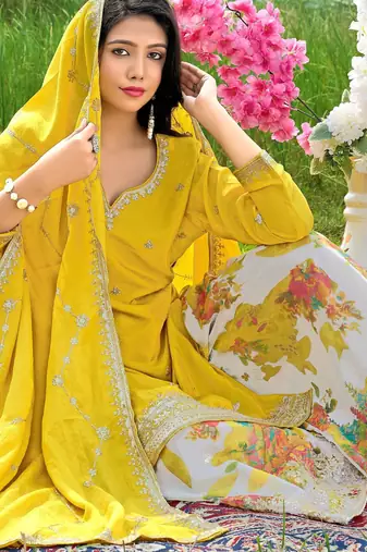  yellow chinon kurta palazzo set notch neck