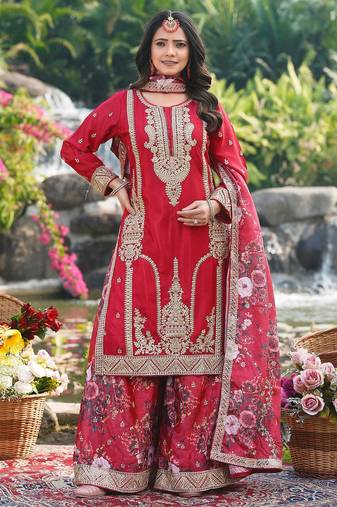  red chinon kurta palazzo set round neck