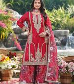  red chinon kurta palazzo set round neck