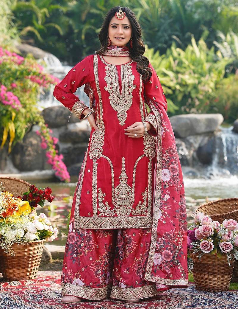  red chinon kurta palazzo set round neck