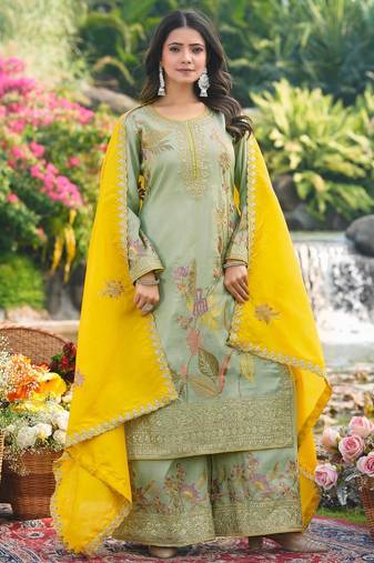  pista organza kurta palazzo set round neck