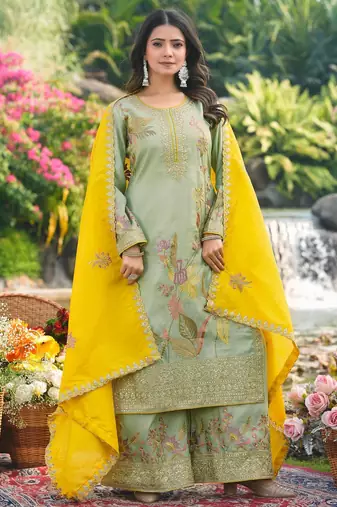  pista organza kurta palazzo set round neck