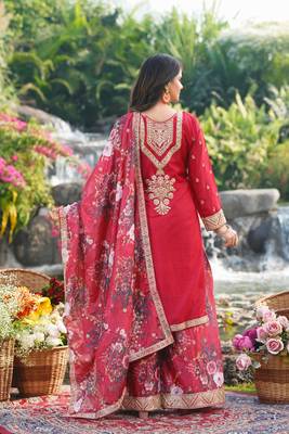  red chinon kurta palazzo set round neck 2