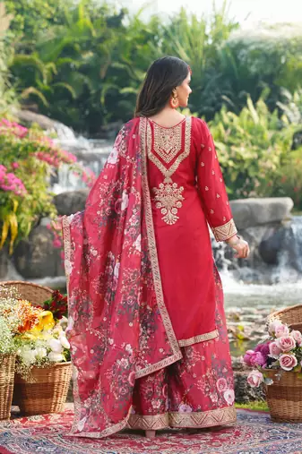  red chinon kurta palazzo set round neck