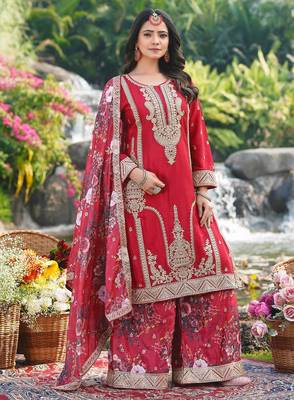  red chinon kurta palazzo set round neck 3