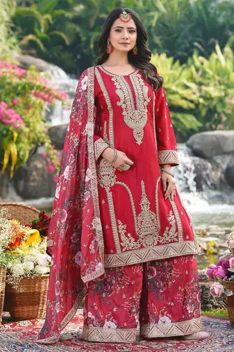  red chinon kurta palazzo set round neck