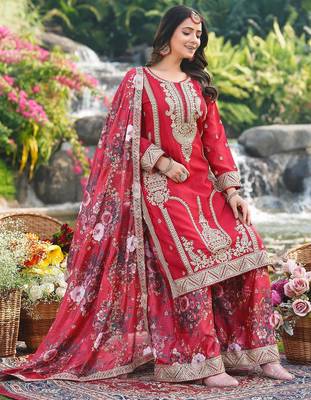  red chinon kurta palazzo set round neck 4