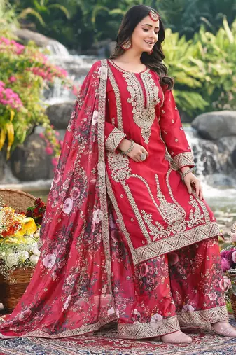  red chinon kurta palazzo set round neck