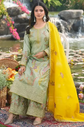  pista organza kurta palazzo set round neck