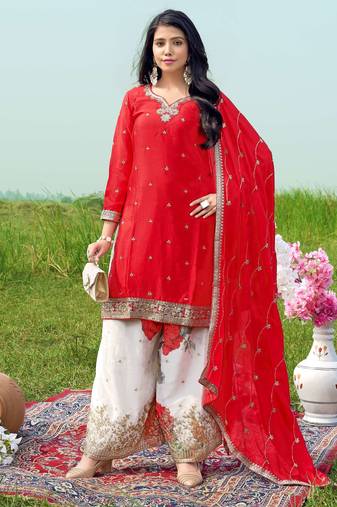  red chinon kurta palazzo set notch neck