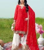  red chinon kurta palazzo set notch neck