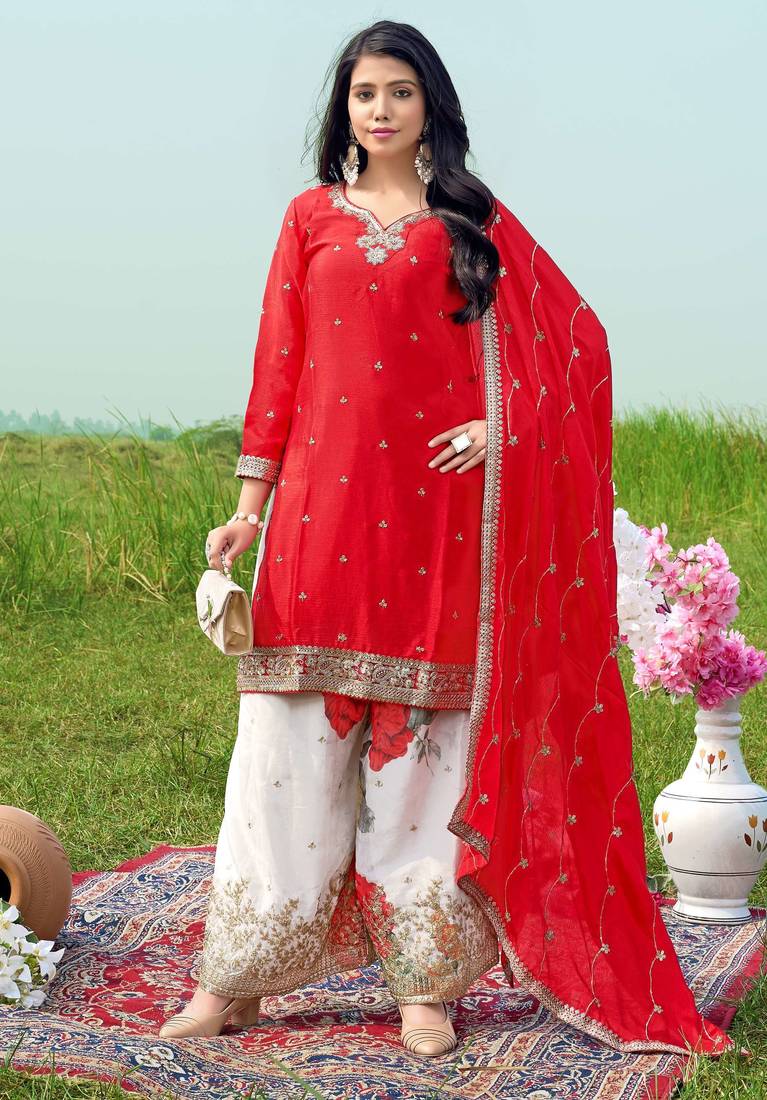  red chinon kurta palazzo set notch neck