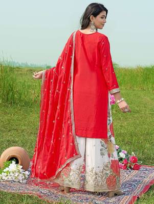  red chinon kurta palazzo set notch neck 2