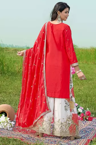  red chinon kurta palazzo set notch neck