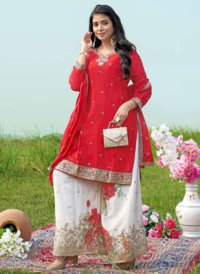  red chinon kurta palazzo set notch neck 3