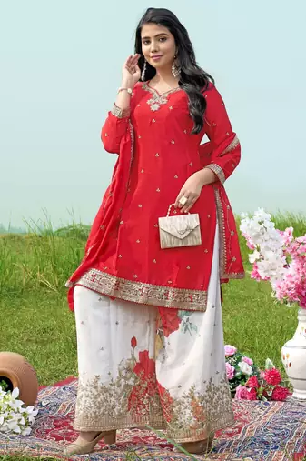 red chinon kurta palazzo set notch neck