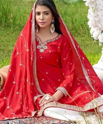  red chinon kurta palazzo set notch neck 4