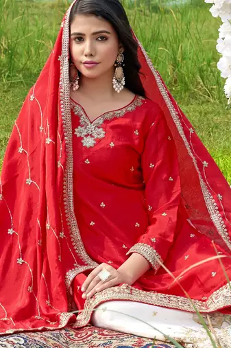  red chinon kurta palazzo set notch neck