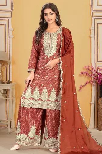  rust chinon kurta palazzo set round neck