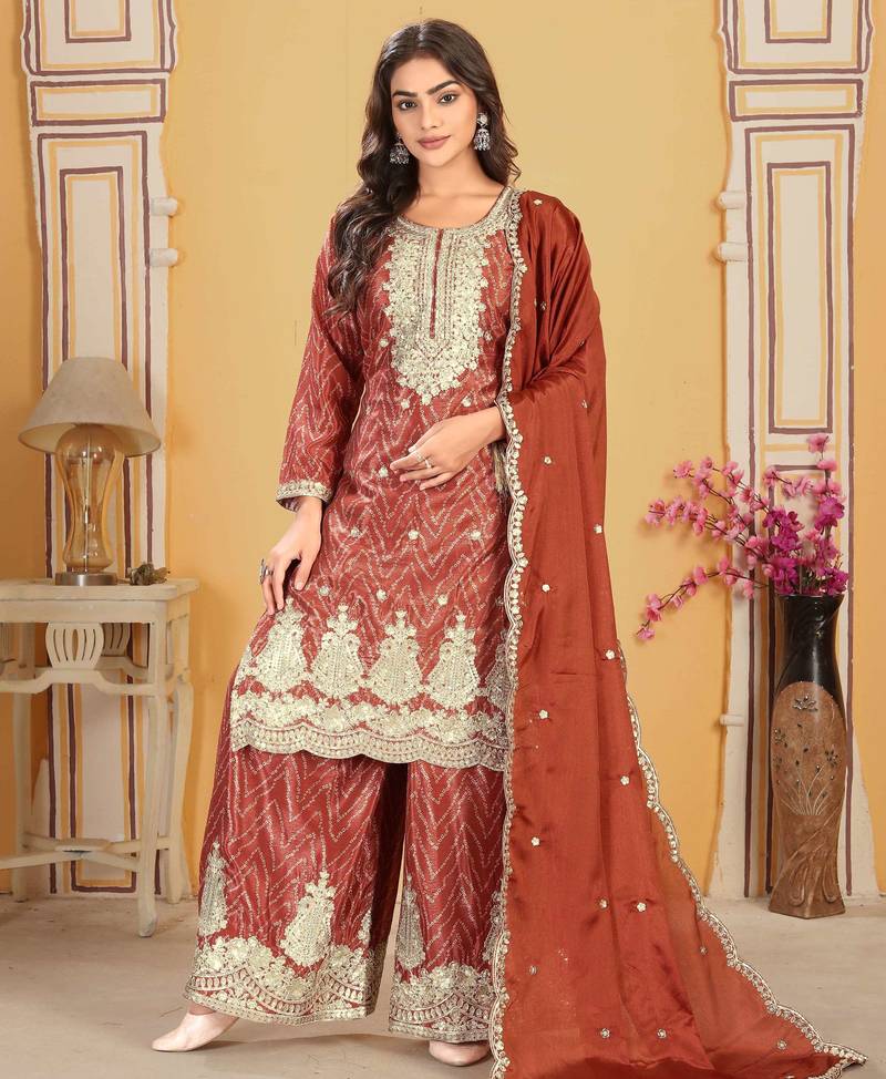  rust chinon kurta palazzo set round neck