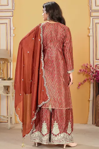  rust chinon kurta palazzo set round neck