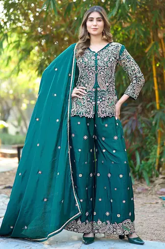  green chinon kurta palazzo set v neck