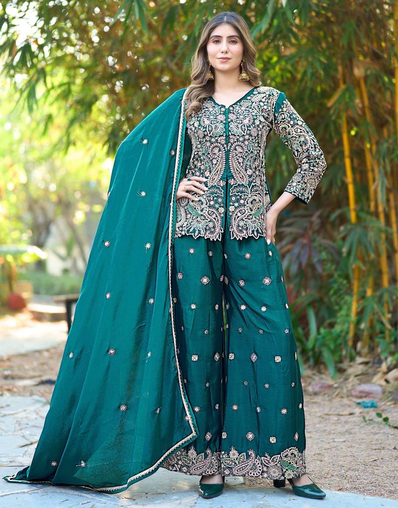  green chinon kurta palazzo set v neck